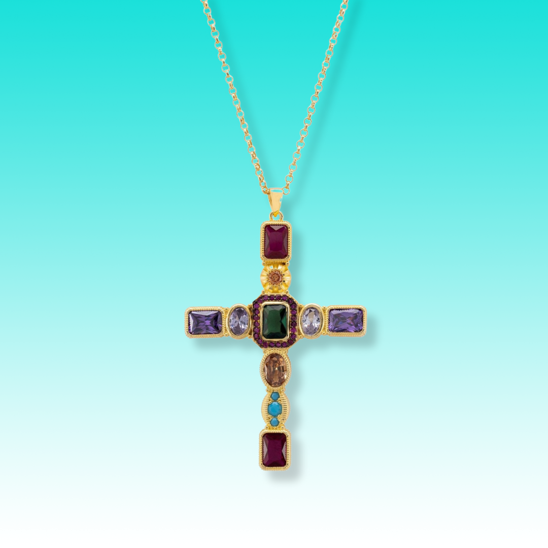 Santa Maria Extra Large Gemstone Cross Pendant Gold