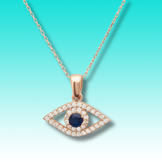 Evil Eye Elliptical Necklace Blue Rosegold