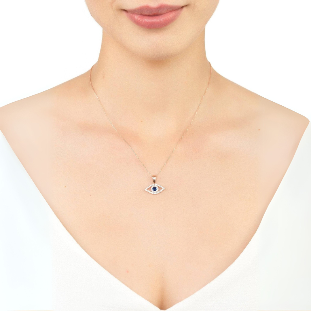 Evil Eye Elliptical Necklace Blue Rosegold