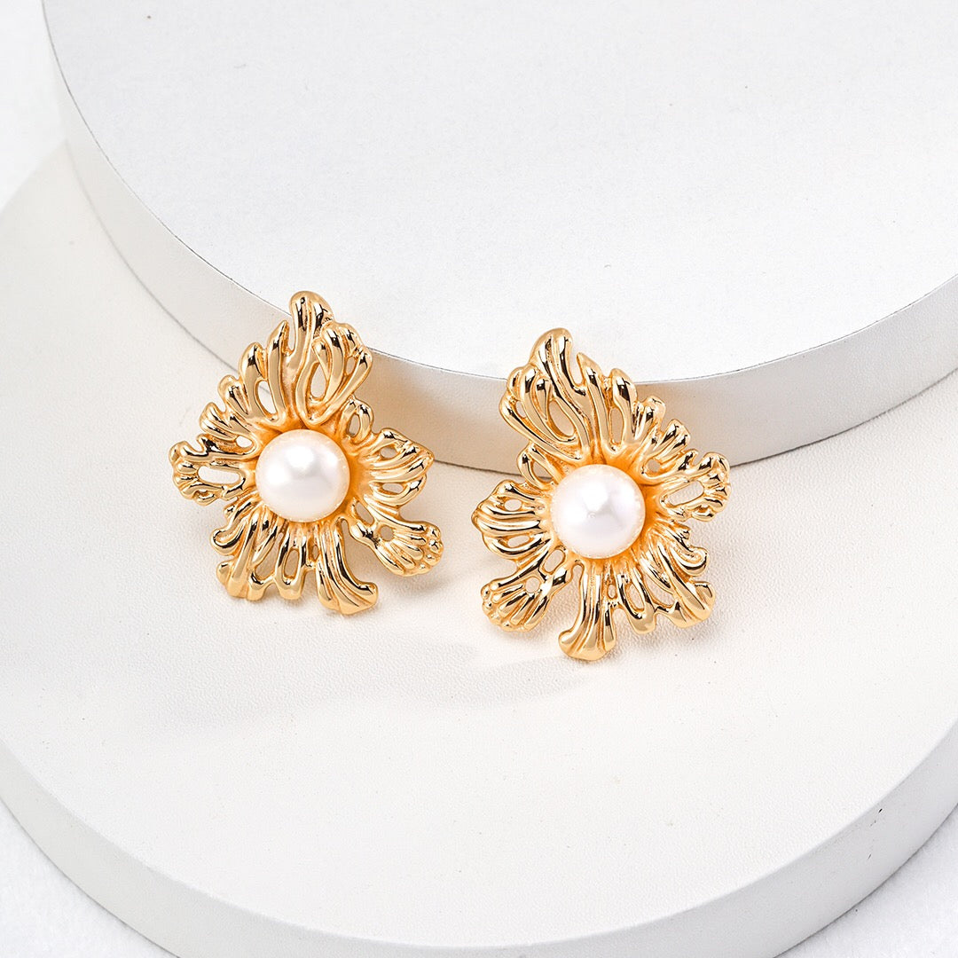 Sunflower Gold Pearl Earrings