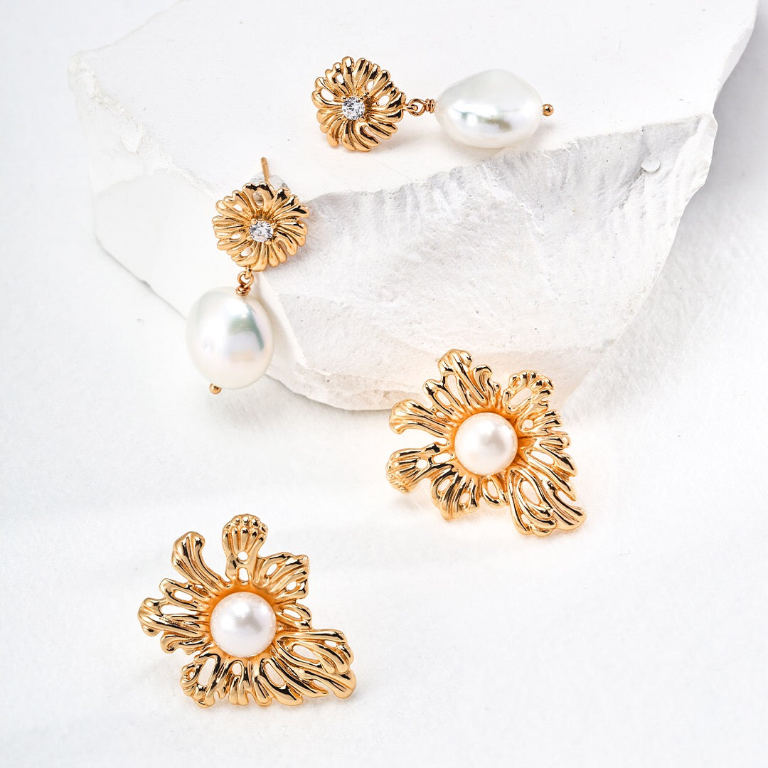 Sunflower Gold Pearl Earrings