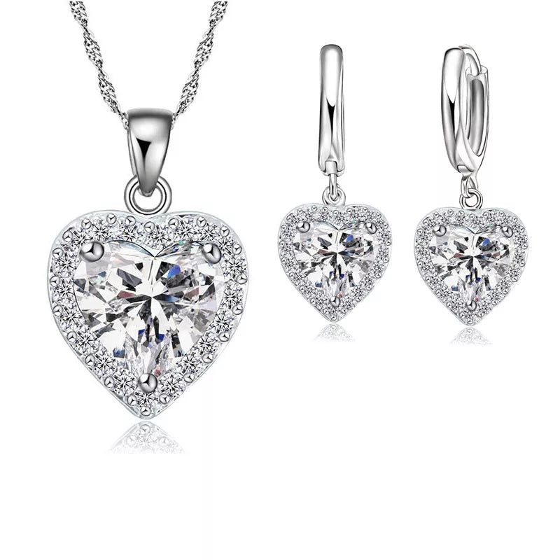 925 Sterling Silver Bridal Jewelry Set – Heart Crystal Necklace & Earrings