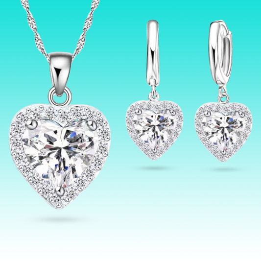 925 Sterling Silver Bridal Jewelry Set – Heart Crystal Necklace & Earrings